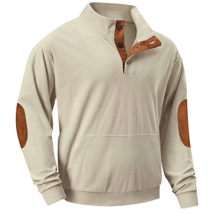 Herre non ribbet krave sweatshirt med knapliste, kænguru lomme og velour albueforstærkning Skovae