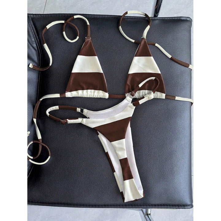 Dame triangel-bikini-sæt med smalle stropper og trendy stribemønster Skovae