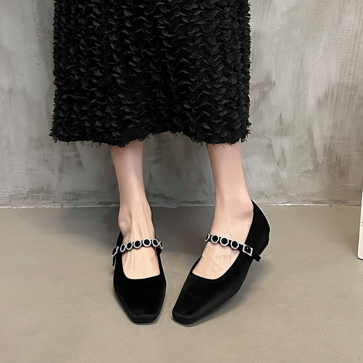 Femme Elegante Square-Toe Mary Jane Ballerinaer med dekorativ ankelrem Stilla