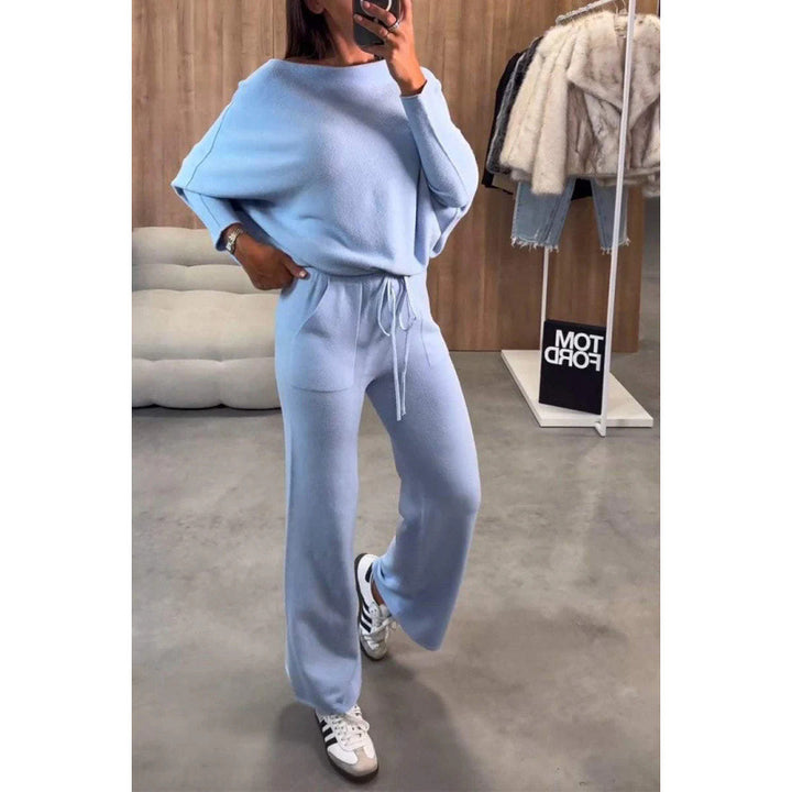 Dame afslappet strik-loungewear-sæt med bredt ben og åben skulder Stilla