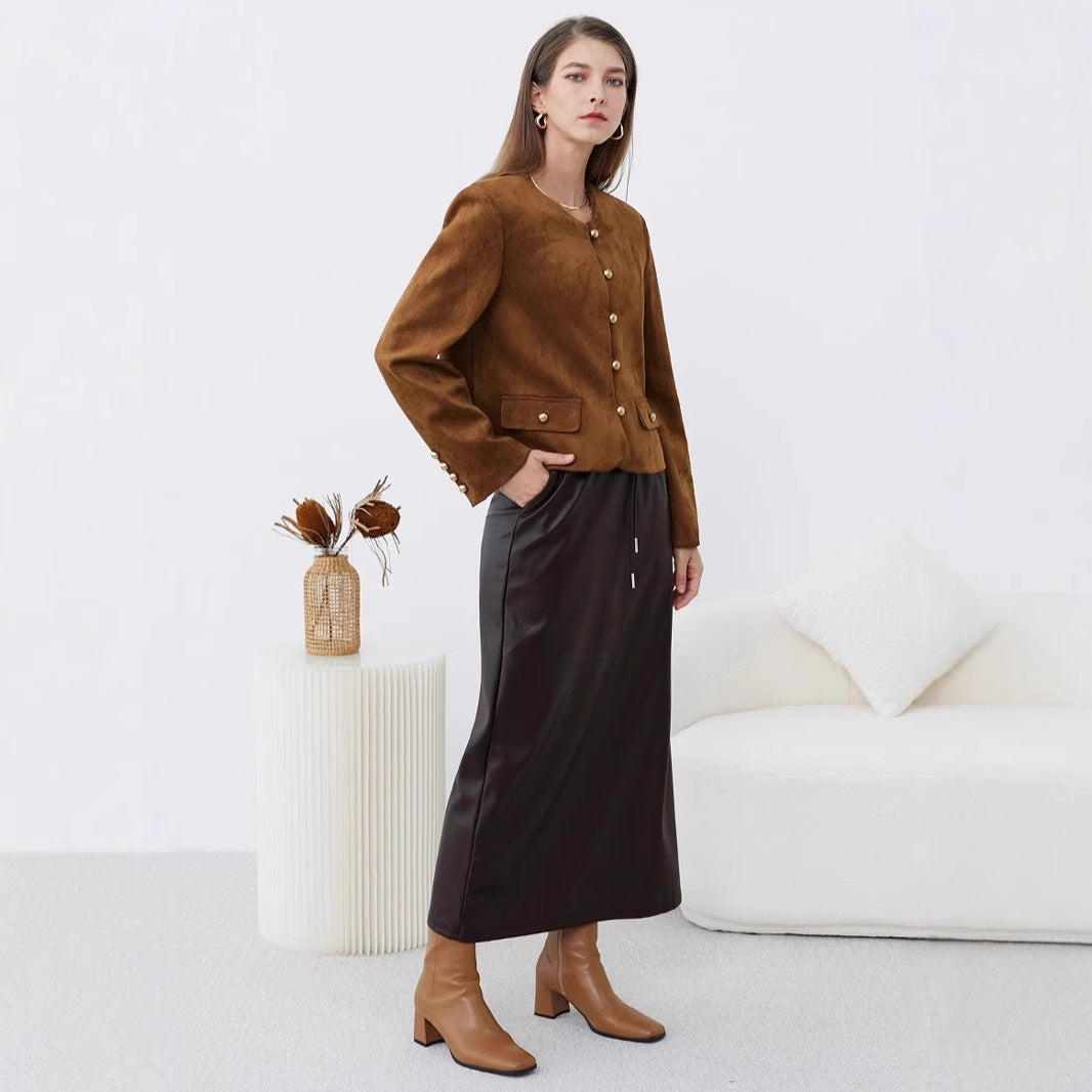 Dame Elegant Suede-Jakke med dekorative Knapper Stilla