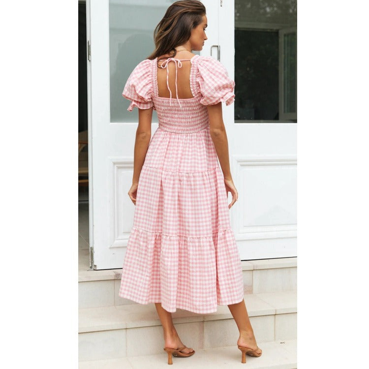 Dame Stufen-Gingham Midi Kjole med Puffærmer Stilla