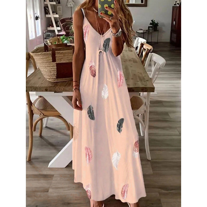 Dame Casual Slip Kjole med Bladtryk-Design Stilla