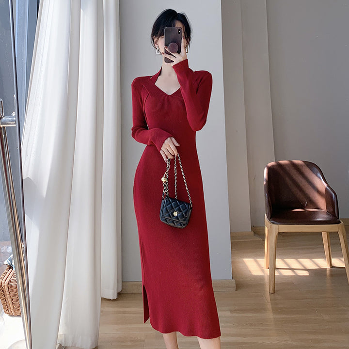 Femme Elegant Langærmet Strikkjole Stilla