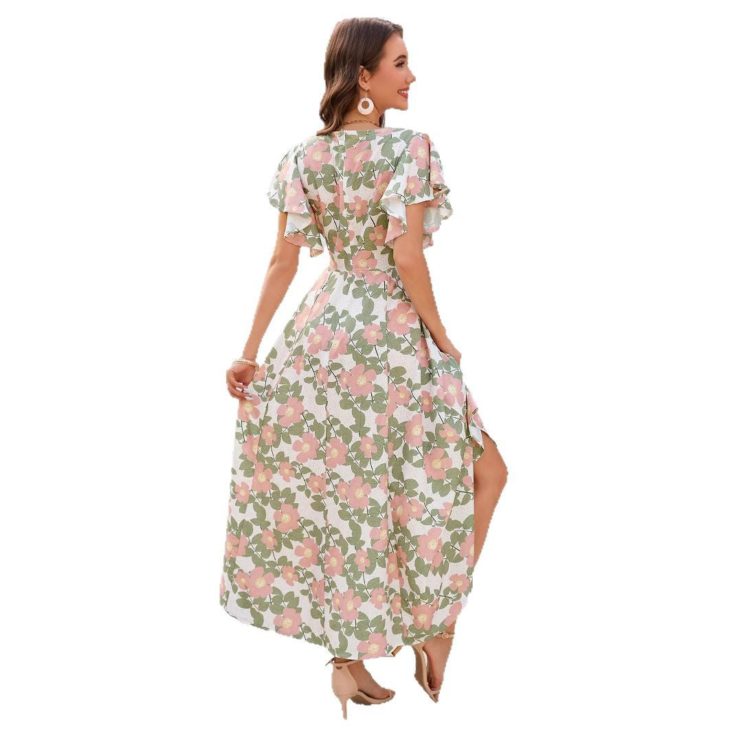 Dame Floral Print Maxi Kjole med Flattermer Stilla