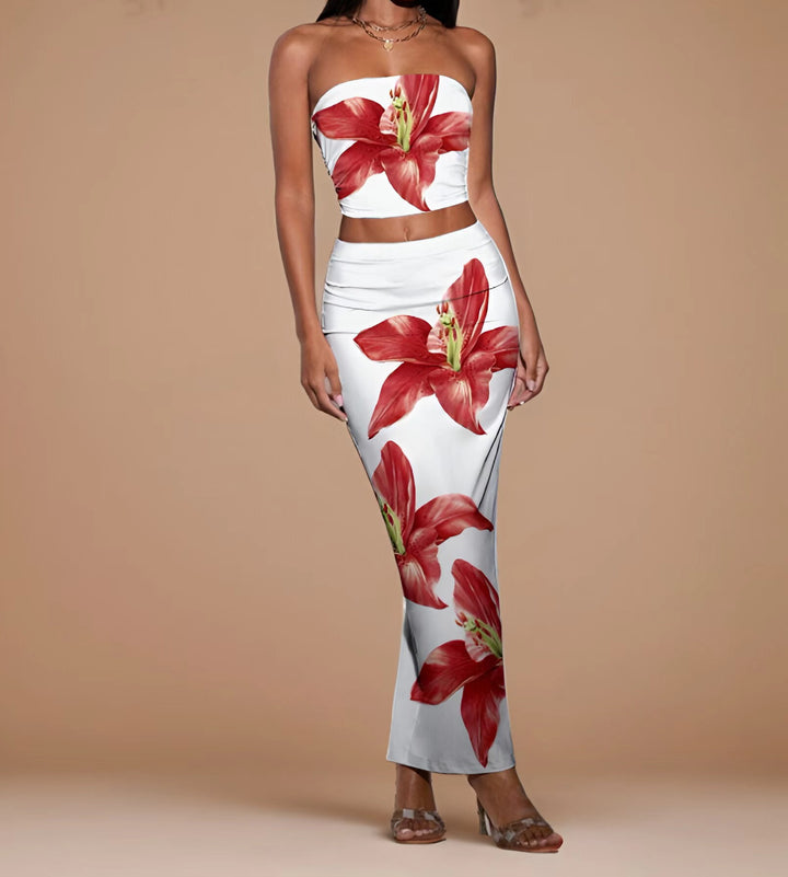 Dame blomsterprint crop top og maxiskørt sæt Stilla