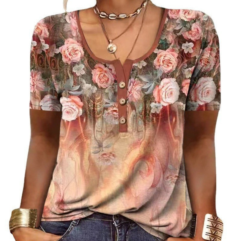 Dame knap T-shirt med V-udskæring og blomsterdesign Stilla
