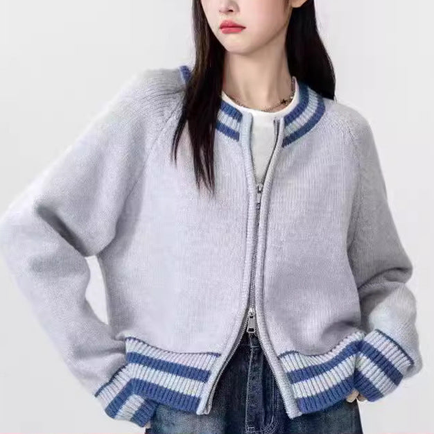 Damer mode strikket cardigan med lynlås og sporty stribemønster Stilla