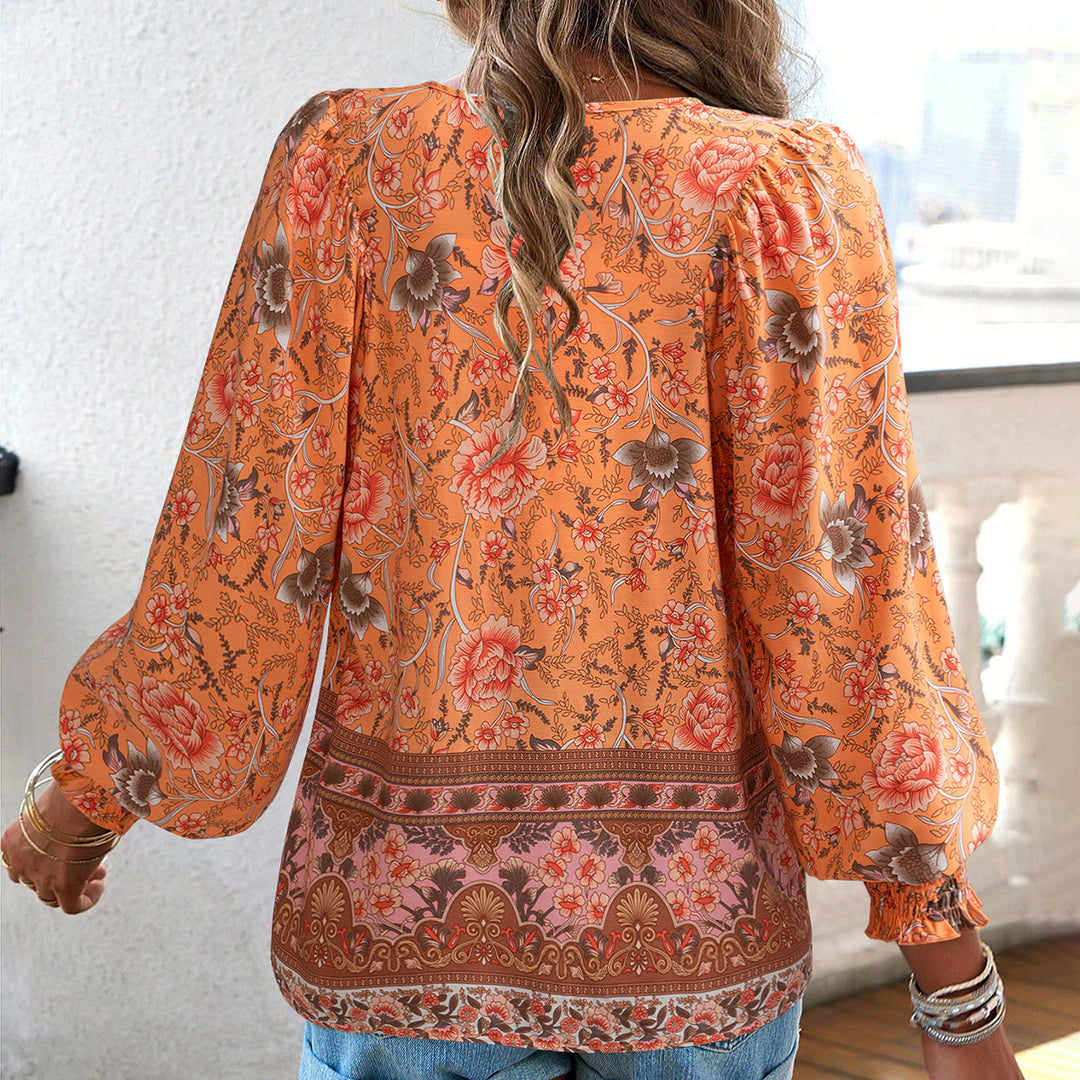 Dame blomster Boho-bluse med lange ærmer og raffinerede flæsedetaljer Stilla