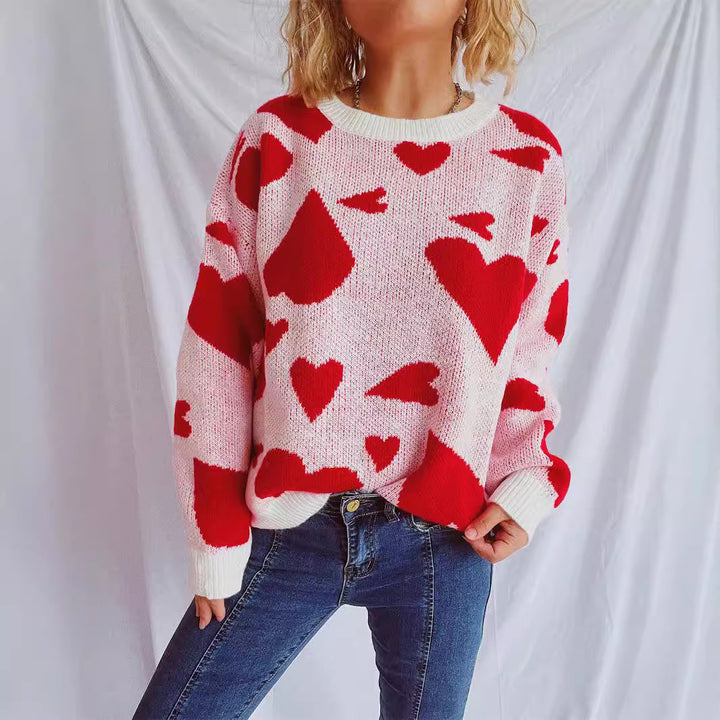 Kvinders løse sweater med hjerte mønster og bred skæring Stilla