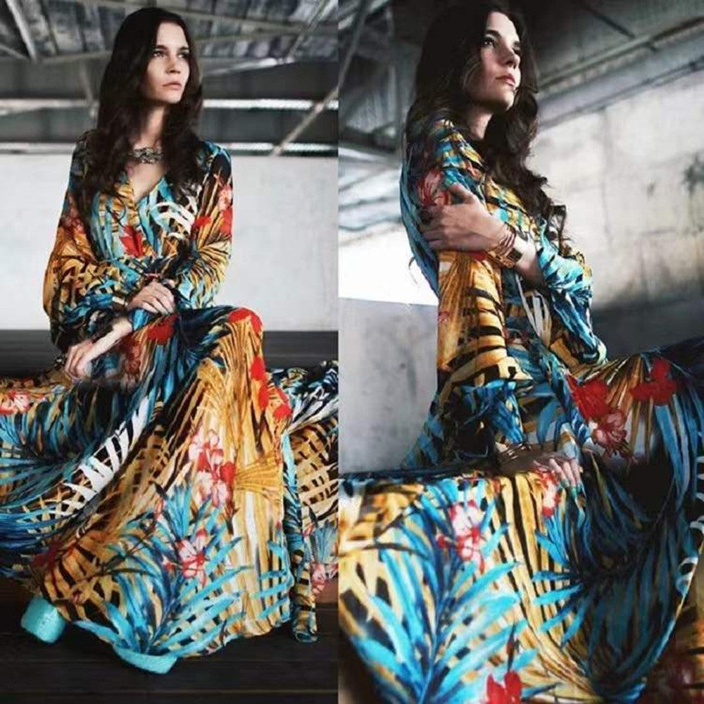 Dame Maxikjole med blomster Chiffon-design og elegante lange ærmer Stilla