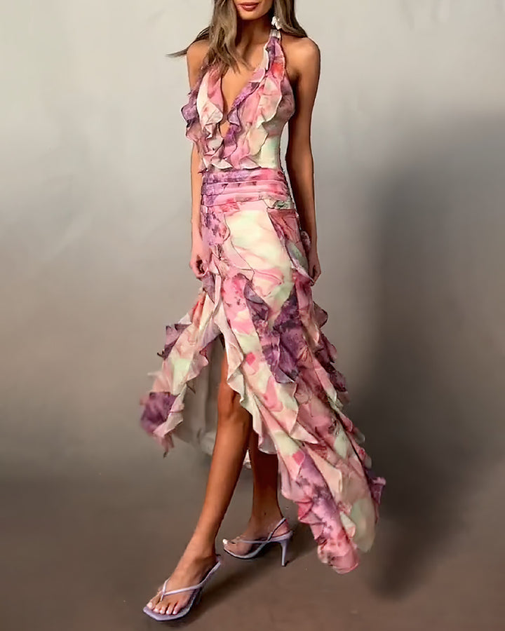 Kvinder Elegant Maxi Kjole med Ruffles Lag og Dyb V-Hals Skovae