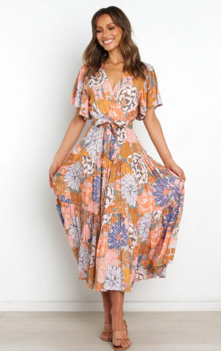 Dame Floral Rynket Holding Maxi Kjole Stilla