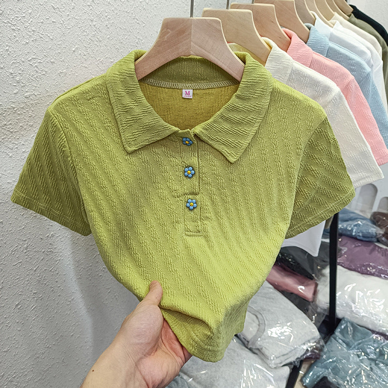 Dame Struktureret Korte Ærmer Polo T-shirt med Blomsterknapper Stilla