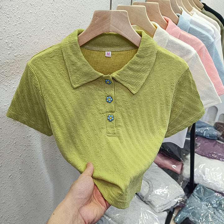 Dame Struktureret Korte Ærmer Polo T-shirt med Blomsterknapper Stilla