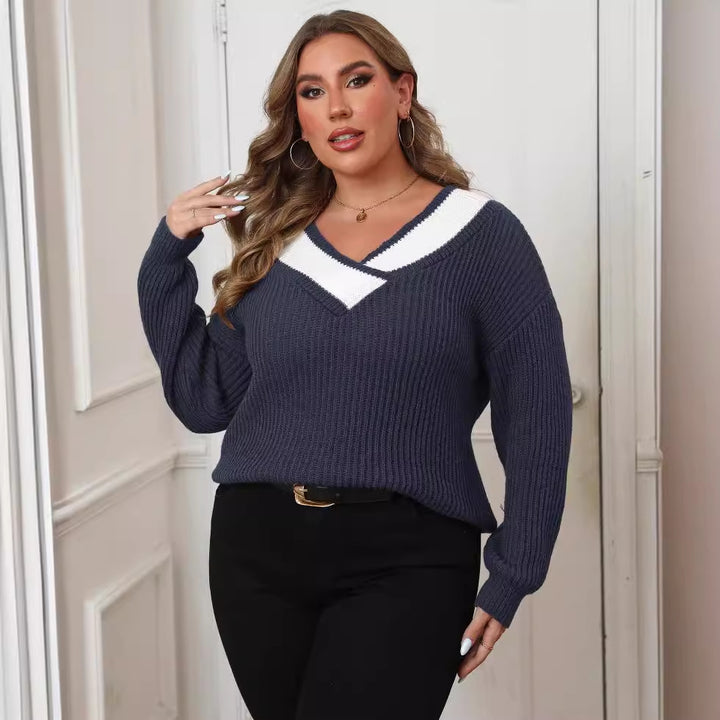 Dame Oversized Strikpullover med V-udskæring og kontrasterende detaljer Stilla