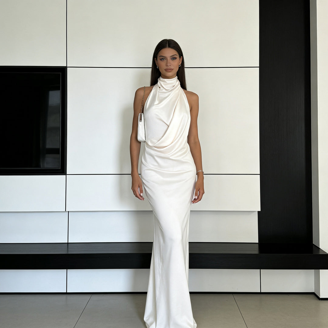 Dame Elegant aften kjole med asymmetrisk krave Skovae