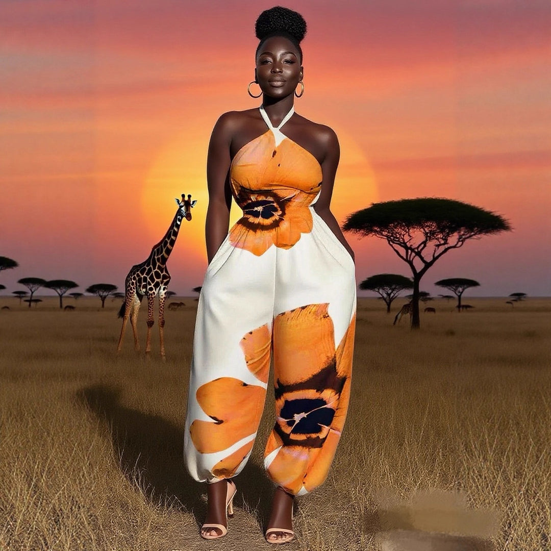 Women Elegant Jumpsuit with Floral Design and Refined Straps Skovae