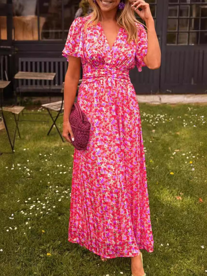 Dame maxikjole med floralt omslag design og elastisk linning Stilla