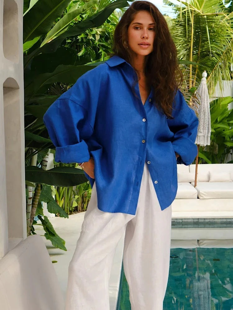 Dame Let Linned bluse med slidte skuldre Stilla