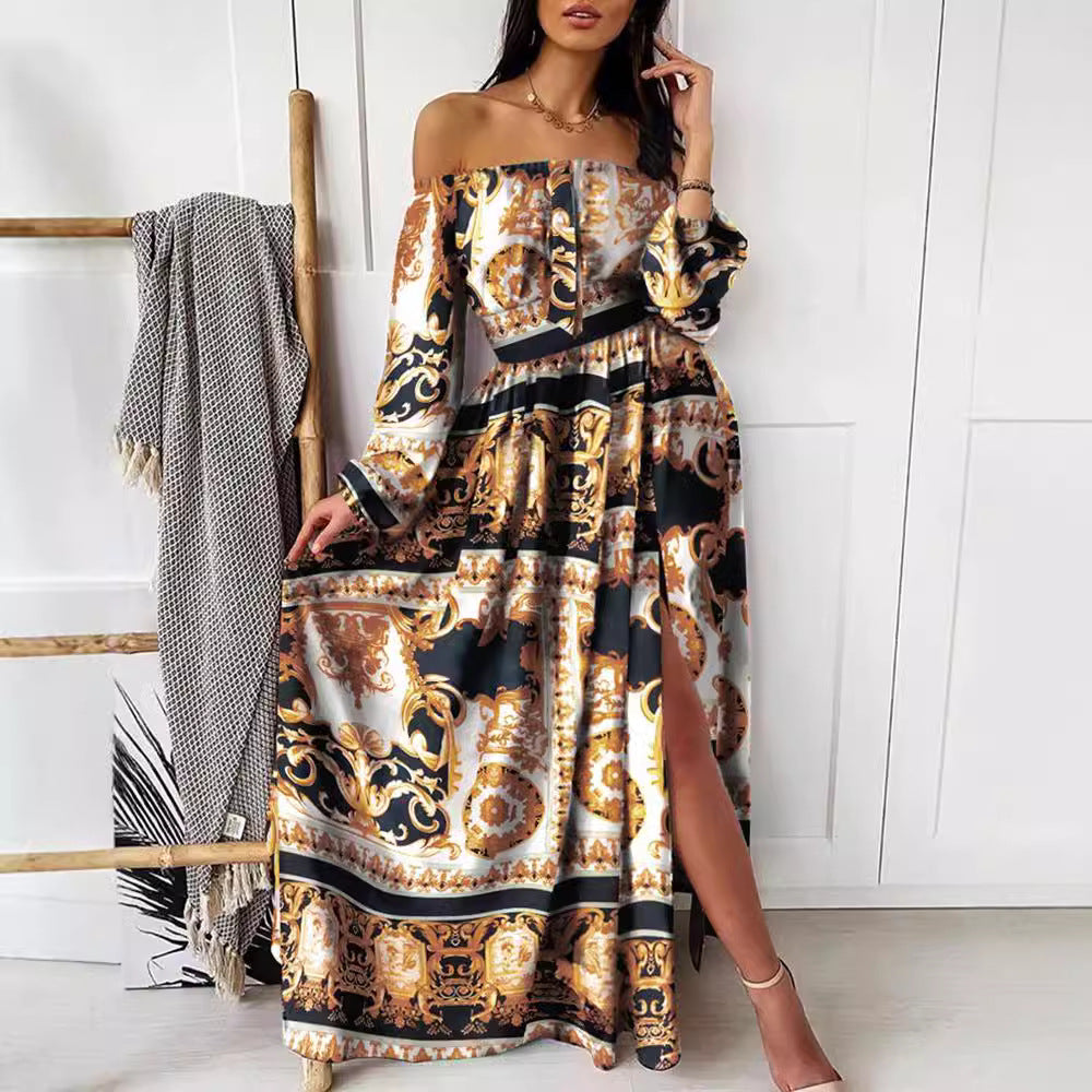 Dame maxikjole med off-shoulder-udskæring og elegant trykdesign Stilla