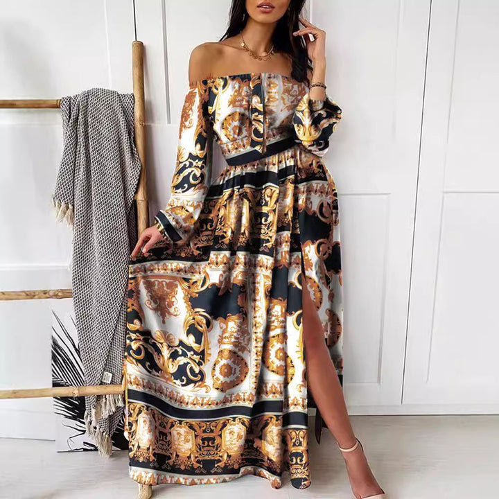 Dame maxikjole med off-shoulder-udskæring og elegant trykdesign Stilla
