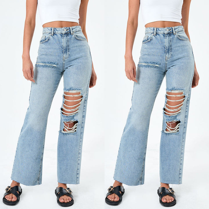 Dame Ripped Wide-Leg Jeans med høj talje og afslappet skæring Stilla