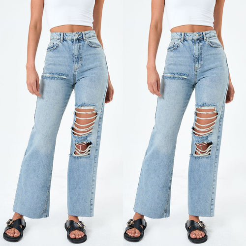 Dame Ripped Wide-Leg Jeans med høj talje og afslappet skæring Stilla