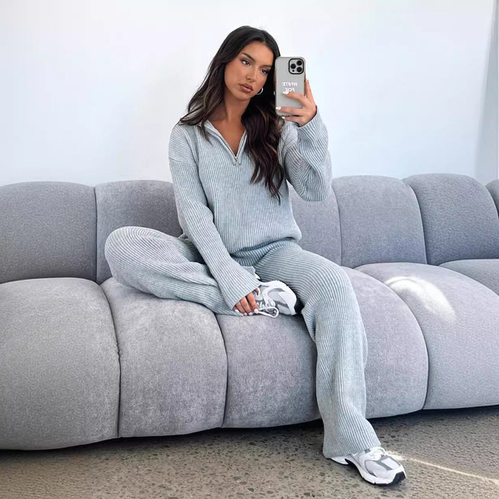 Stilla | Komfortabel Krave Langærmet Strikket Sweater Sæt
