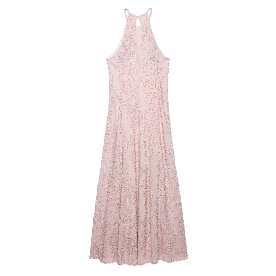 Femme Halterneck Spids Maxi Kjole med Flydende Silhuet Stilla