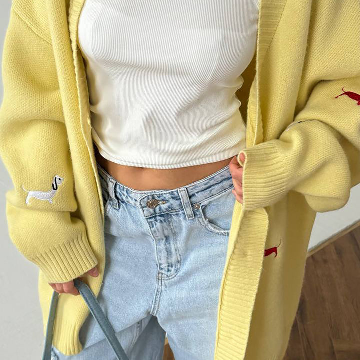Kvinders store strikket cardigan med dyreapplikationer Stilla