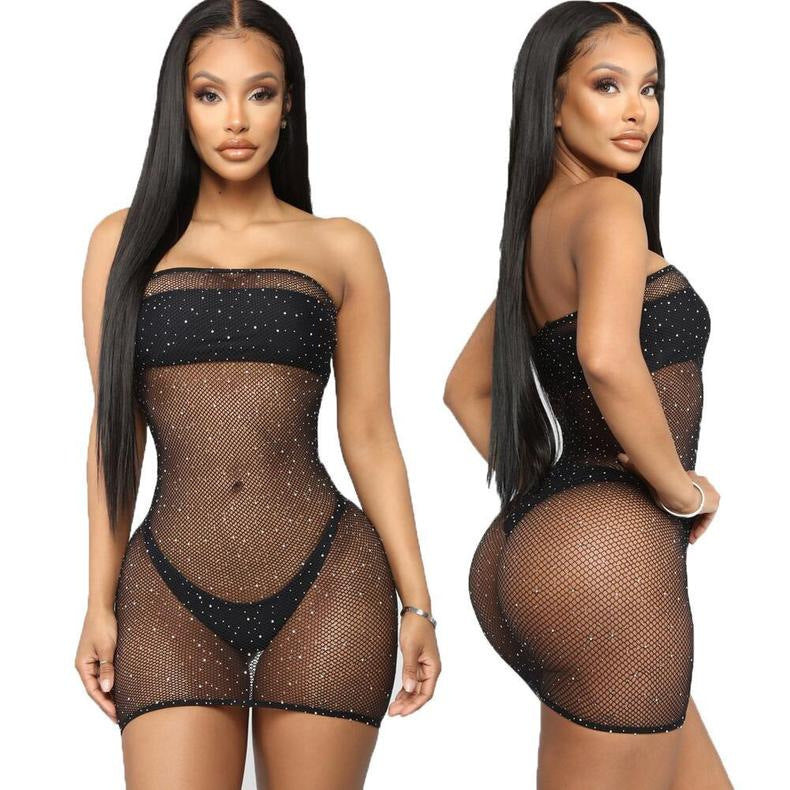 Dame gennemsigtig strass-mesh-minikjole Stilla