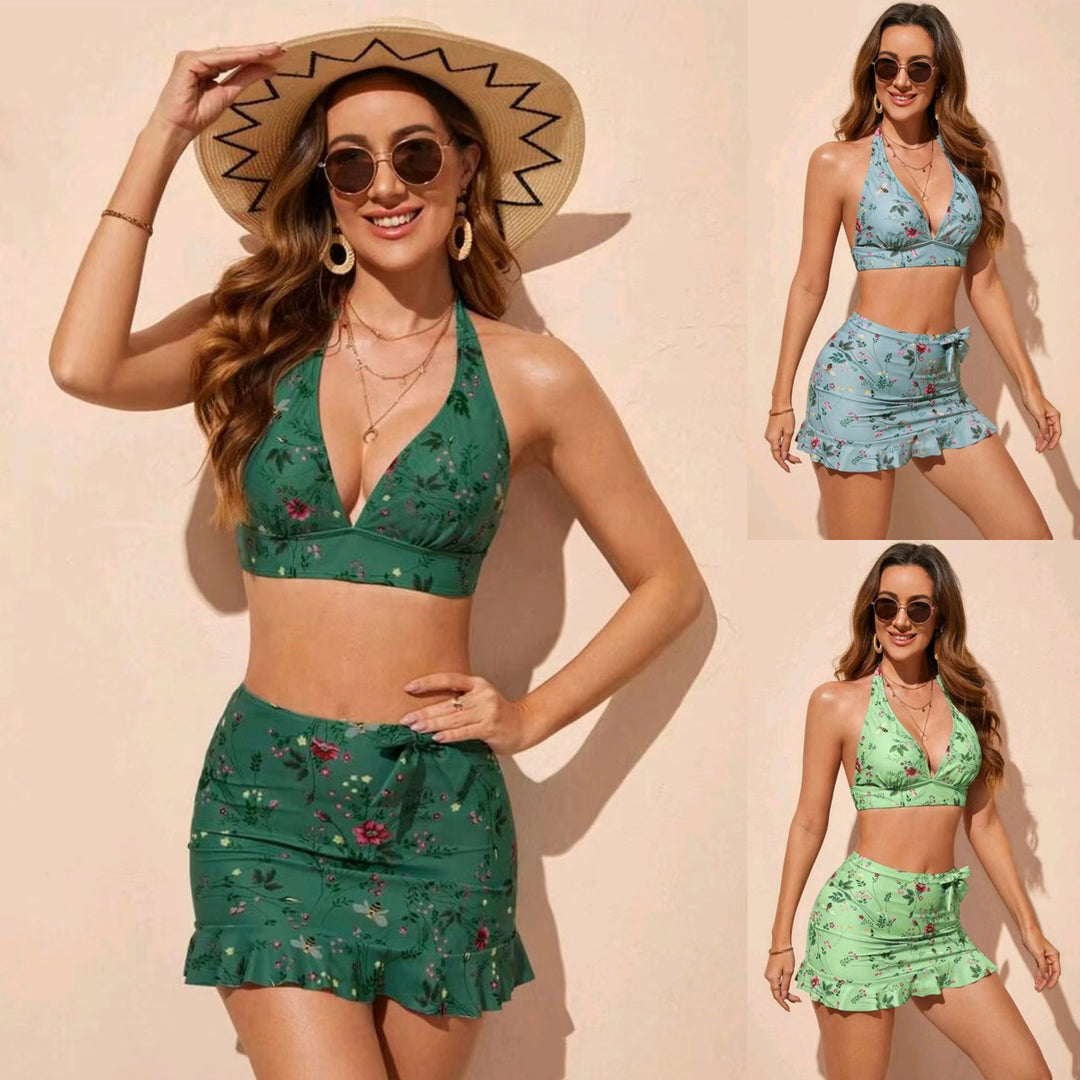 Dame Strand-Bikini-Sæt med blomstrede Ruffle-Nederdel-detaljer og halterneck Top Stilla