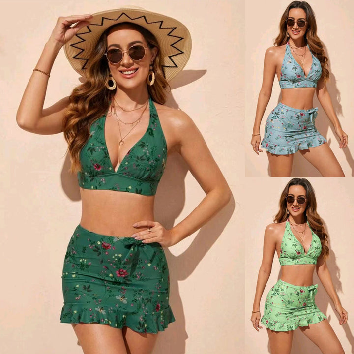 Dame Strand-Bikini-Sæt med blomstrede Ruffle-Nederdel-detaljer og halterneck Top Stilla