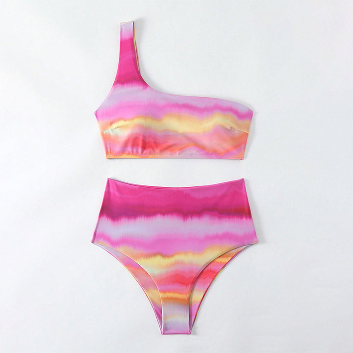 Dame Højtaljet Bikini-sæt med asymmetrisk top og farverigt farveforløb Skovae