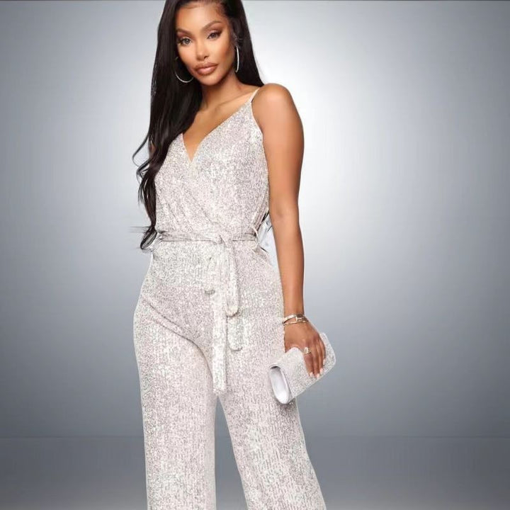 Dame jumpsuit med funkende paletter og dyb V-udskæring Stilla