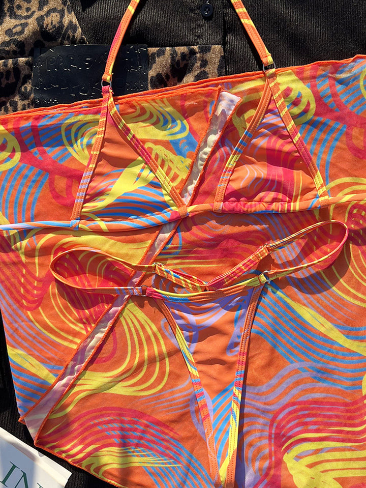 Dame Farverig Triangel-Bikini-Sæt med beskyttende Sarong Stilla