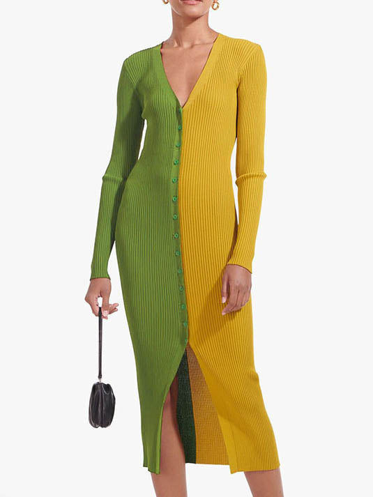 Stilla | Afslappet V-hals Bodycon Front Split Strik Trøje Kjole