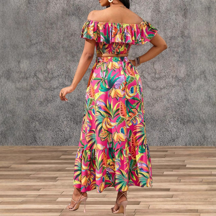 Dame Off-Shoulder Maxikjole med farverigt palmeprint Stilla