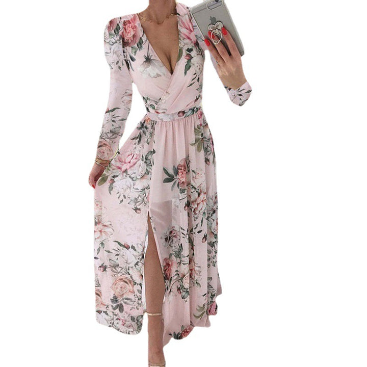 Damer blomst design maxikjole med dyb slids og elegant indpakningslook Stilla