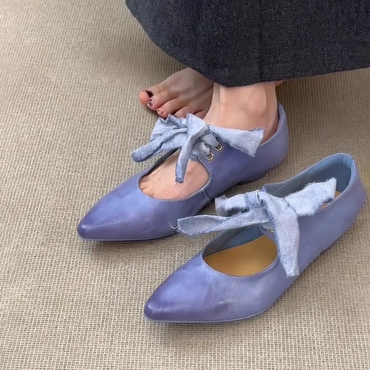 Dame Ballerina Flade Sko med Spids Tåområder og Dekorativ Sløjfebånd Stilla