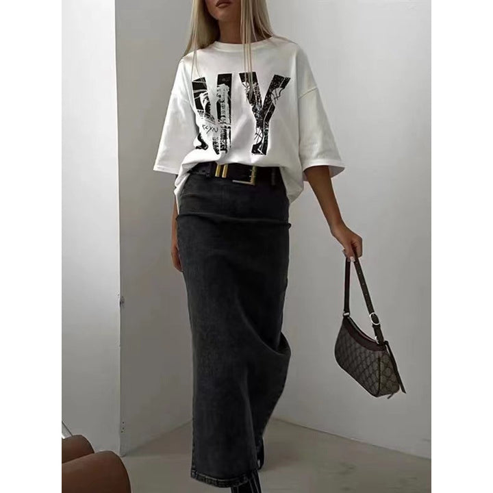 Damer casual T-shirt med trendy Brooklyn-print og oversized snit Stilla