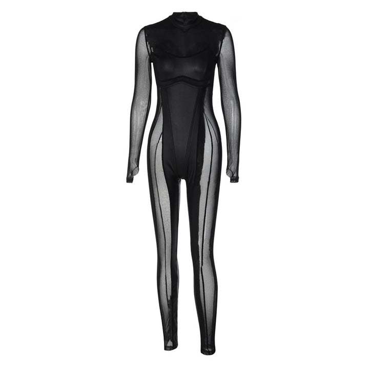 Dame gulvlangt, gennemsigtigt jumpsuit med smalle indlæg og elegant krave Stilla