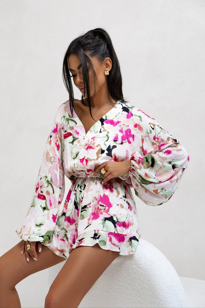 Dame Floral Print Halterneck Kjole med Vid Ærme Stilla