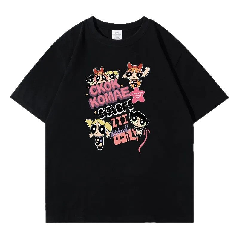 Dame T-shirt med kunstnerisk cartoon-print i afslappet oversized-snit Stilla