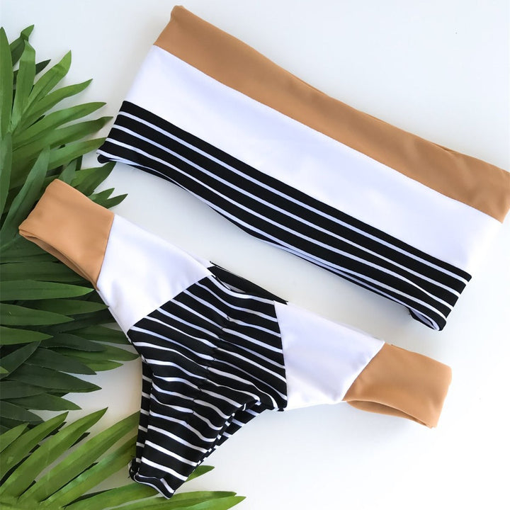 Dame bandeau bikini med trendy stribemønster Skovae
