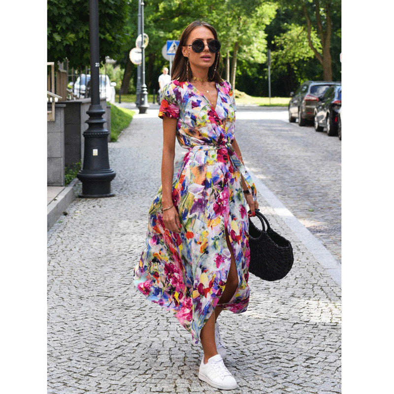 Dame Elegant omslagkjole med svingende nederdel og blomsterprint Stilla