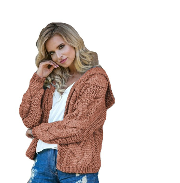 Kvinders chunky strik cardigan med hætte og asymmetrisk design Stilla