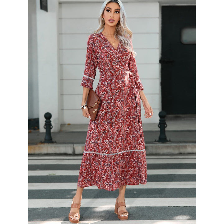 Femme Bohemian-Style Maxi Kjole med Rynkede Ærmer Stilla