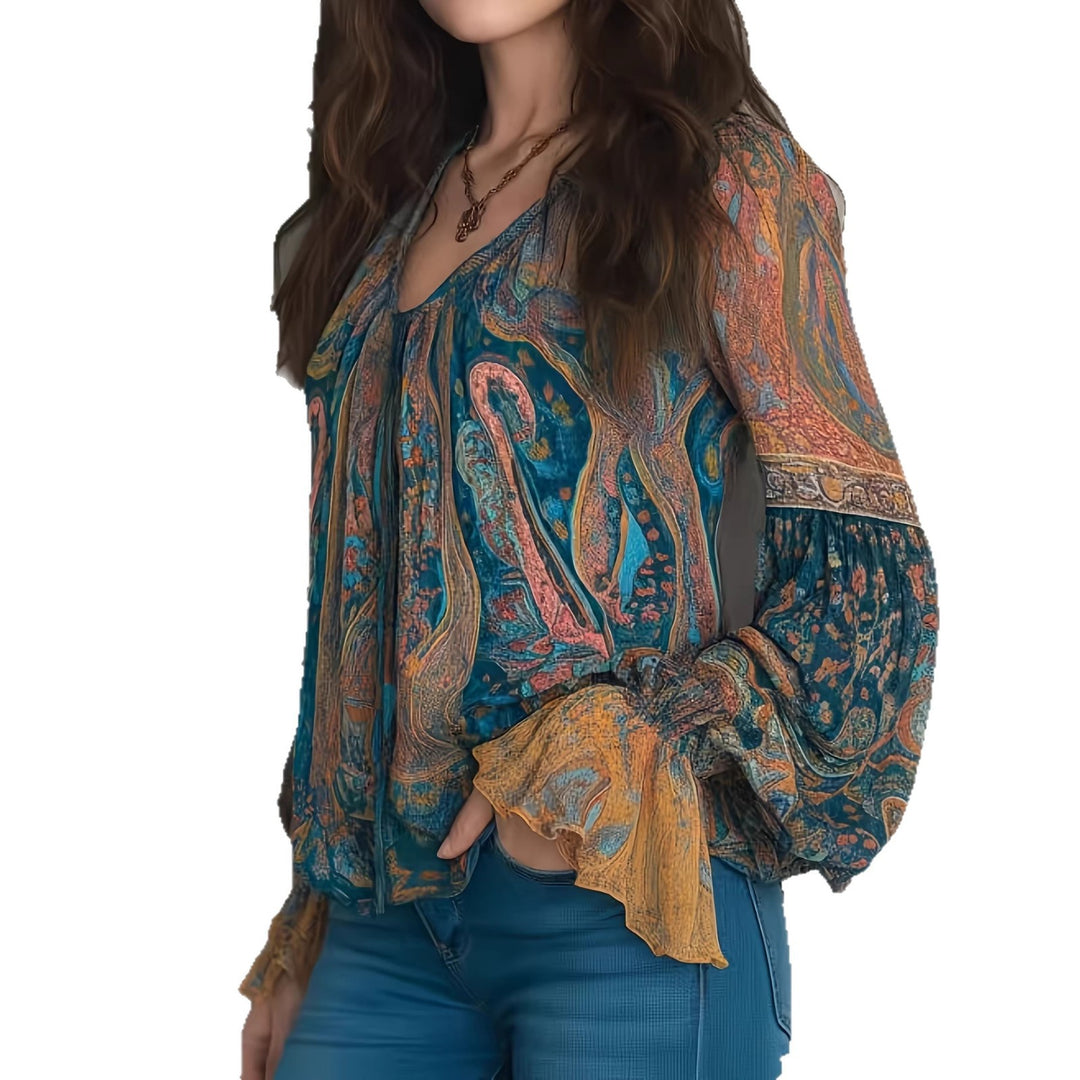 Dame Boho-Chic Bluse med flammende ærmer og V-hals Skovae